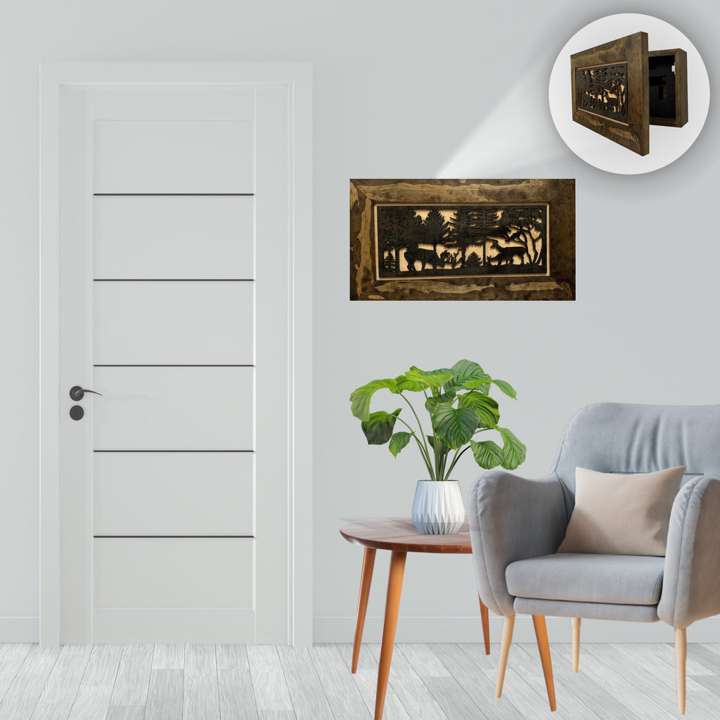 Hidden Gun Safe - Deer Scene Wall Gun Cabinet - Hidden Wall Storage - Wood Gun Cabinet - Handcrafted Gun Concealment Furniture - Hidden Gun Storage by Bellewood Designs